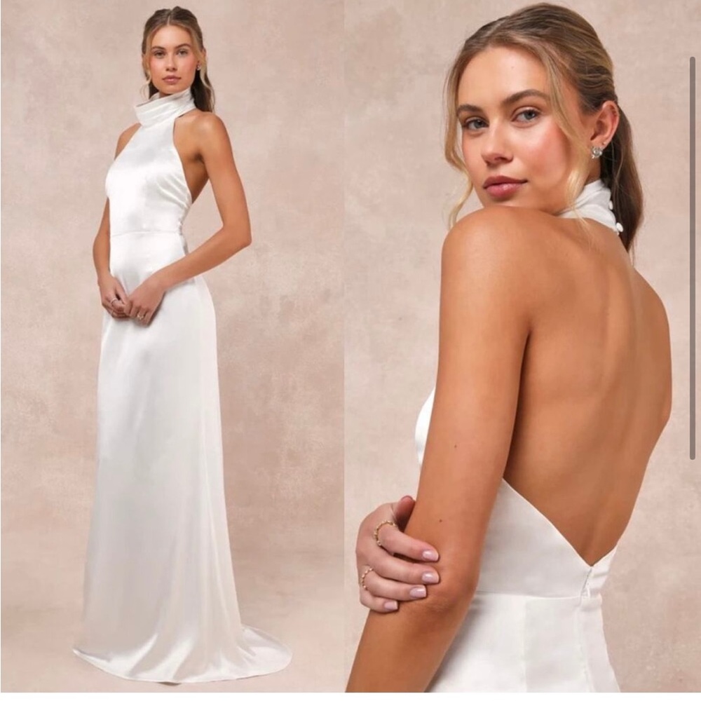 Lulus Women's Luxe Destiny White Satin Backless Halter Mermaid Maxi Dress XS